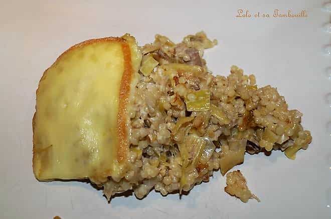 Gratin de perles aux poireaux, thon & fromage raclette