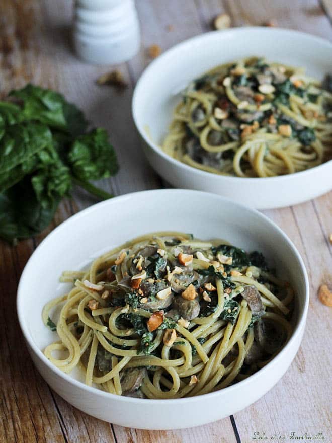 Spaghettis crémeux aux épinards & champignons