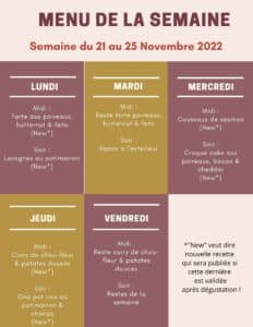 Menu de la semaine du 21 au 25 Novembre,menu semaine,menu semaine équilibré,menu semaine famille,menu semaine pas cher,menu semaine a imprimer,menu semaine simple,menu semaine novembre 2022,menu semaine novembre,menu semaine du 22 novembre,menu semaine famille novembre