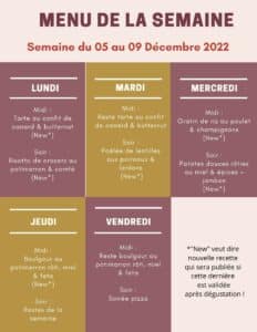 menu de la semaine du 05 au 09 décembre 2022,menu semaine équilibré,menu semaine pas cher,menu semaine famille,menu semaine automne,menu semaine a imprimer,idée menu semaine décembre,menu semaine décembre