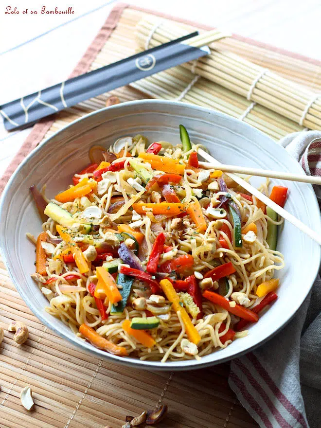 Recette - Wok de nouilles sautées aux légumes et champignons en