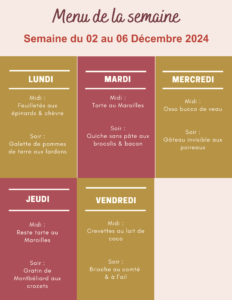 Menu de la semaine du 02 au 06 décembre 2024,menu de la semaine,menu de la semaine à imprimer,menu de la semaine équilibré,menu de la semaine famille,menu semaine,menu semaine famille,menu semaine équilibré,menu semaine décembre,idée menu semaine décembre,menus semaine decembre,menu semaine 12