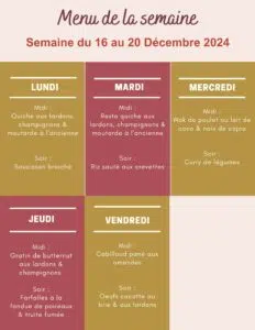 Menu de la semaine du 16 au 20 décembre 2024,menu de la semaine,menu de la semaine famille,menu de la semaine à imprimer,menu de la semaine pas cher,menu de la semaine décembre 2024,menu de la semaine décembre