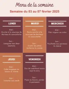 Menu de la semaine du 03 au 07 février 2025,menu de la semaine,menu de la semaine à imprimer,menu de la semaine équilibré,menu semaine,menu semaine équilibré,menu semaine janvier,menu semaine famille,menu semaine février,idée menu semaine février