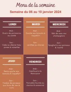 Menu de la semaine du 06 au 10 janvier 2024,menu de la semaine,menu de la semaine à imprimer,menu de la semaine famille,menu semaine,menu semaine équilibré,menu semaine janvier,menu semaine famille 4 personnes,menu semaine facile et rapide équilibré,menu semaine famille,menu semaine janvier 2024,idee menu semaine janvier,repas semaine janvier,idee repas semaine janvier