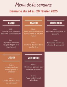 Menu de la semaine du 24 au 28 février 2025,Menu de la semaine,menu de la semaine famille,menu de la semaine à imprimer,menu de la semaine équilibré,menu de la semaine février,menus semaine février,menu semaine février,menu semaine 20 février,idée menu semaine février,idee menu semaine février,idee repas semaine fevrier