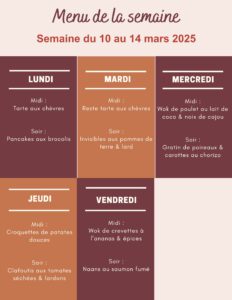 Menu de la semaine du 10 au 14 mars 2025,menu de la semaine,menu de la semaine équilibré,menu de la semaine à imprimer,menu de la semaine famille,menu semaine,menu semaine équilibré,menu semaine famille,menu semaine famille 4 personnes,menu semaine 10 mars,menu semaine mars,idee repas semaine mars,idee menu semaine mars,menu semaine famille mars,menu équilibré semaine mars,repas semaine mars