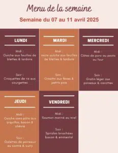 Menu de la semaine du 07 au 11 avril 2025,menu de la semaine,menu de la semaine équilibré,menu de la semaine famille,menu de la semaine facile,menu de la semaine avril,menus semaine avril,menus de la semaine famille,idée menu de la semaine famille,recette de la semaine famille,menu de la semaine pour famille,menu de la semaine famille 4 personnes,menu semaine famille 4 personnes pas cher