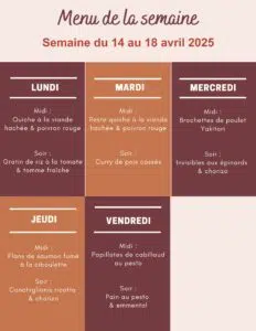 Menu de la semaine du 14 au 18 avril 2025,menu de la semaine famille,menu de la semaine,menu de la semaine à imprimer,menu de la semaine facile,menu semaine équilibré,menu semaine,menu semaine famille,menu semaine avril,menu semaine équilibré avril,menu semaine 15 avril,planning repas semaine avril,menu semaine avril 2024,repas semaine avril
