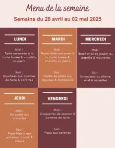 Menu de la semaine du 28 avril au 02 mai 2025,Menu de la semaine,menu de la semaine famille,menu de la semaine journal des femmes,menu de la semaine à imprimer,Menu semaine,menu semaine équilibré,menu semaine famille,menu semaine avril,menu semaine famille 3 personnes,menu semaine famille avril,menu semaine famille pas cher