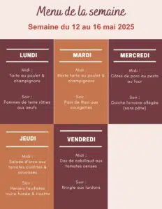 Menu de la semaine du 12 au 16 mai 2025,menu de la semaine famille,menu de la semaine,Menu de la semaine mai,menu de la semaine mois de mai,menu de la semaine pour famille,recette de la semaine famille,idée menu de la semaine famille,menus de la semaine famille,menu de la semaine famille 4 personnes
