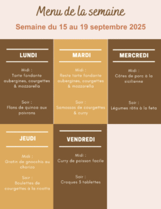 Menu de la semaine du 15 au 19 septembre 2025,Idées repas semaine,idées repas semaine été,idees repas semaine équilibré,idées repas semaine pas cher,idées souper semaine,idées repas semaine famille,Planning repas,planning repas semaine famille,planning repas semaine à imprimer,Menu semaine facile,menu semaine facile et rapide,menu semaine facile et rapide équilibré,menu semaine facile et rapide pas cher,menu semaine facile et rapide ete,Recettes de la semaine,Menu de saison septembre,idee repas de saison septembre