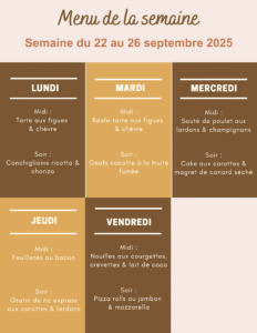Menu de la semaine du 22 au 26 septembre 2025,Menu du 22 au 26 septembre,Menu semaine facile,menu semaine facile et rapide équilibré,menu semaine facile et rapide pas cher,menu semaine facile et rapide,Cuisine d'automne,cuisine d automne légère,Menu de saison,menu de saison pas cher,Idées recettes d'automne faciles,recettes d automne faciles,Repas familiaux simples,repas familial simple et rapide,repas familial simple et pas cher,Menus pour la semaine de septembre