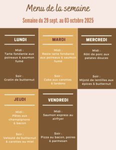 Menu de la semaine du 29 septembre au 03 octobre 2025,Menu du 29 septembre au 3 octobre,Menu semaine facile,menu semaine facile et rapide équilibré,menu semaine facile et rapide pas cher,Menu d'automne,menu d'automne facile et pas cher,menu d automne facile,menu d'automne pour une semaine