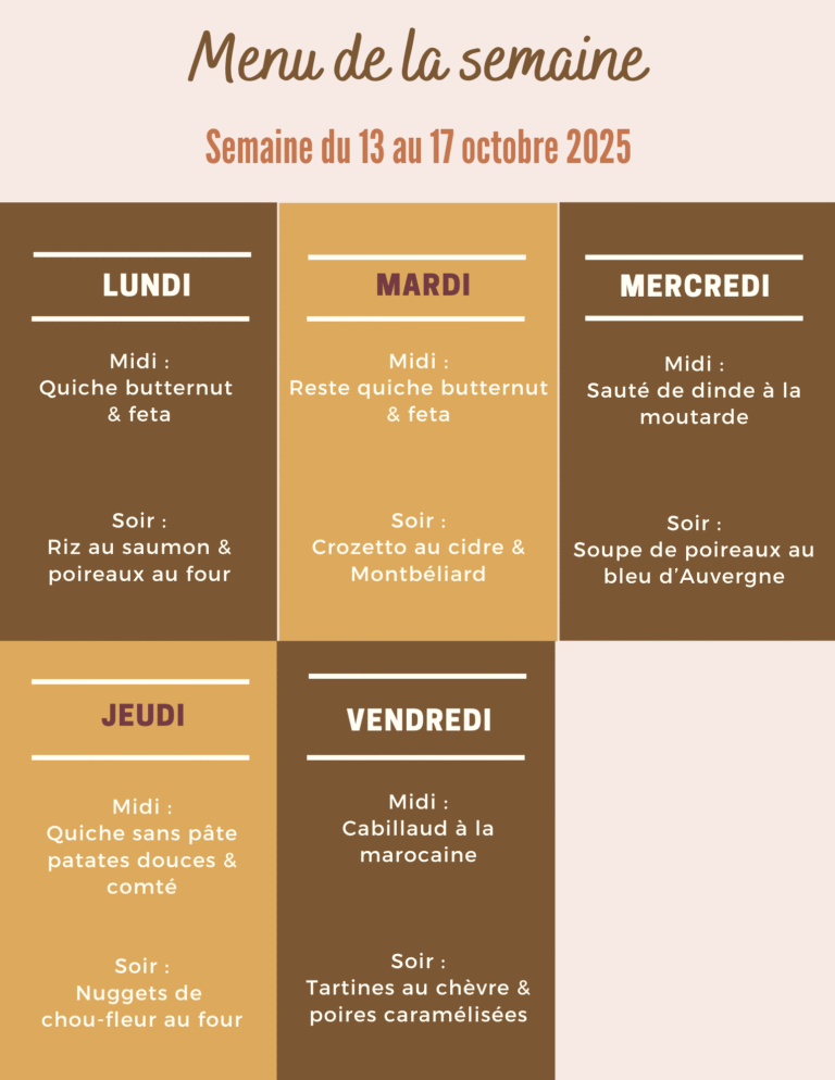 Menu de la semaine du 13 au 17 octobre 2025,Menu du 13 au 17 octobre,Recettes de la semaine,Repas rapides semaine,repas semaine simple et pas cher,repas simple semaine,planning repas simple semaine,repas simple équilibrée semaine,idees repas rapides semaine,Menu semaine facile,menu semaine facile et rapide pas cher,menu semaine facile et rapide famille,menu semaine facile et rapide,menu semaine facile et rapide équilibré,idées repas,idées repas rapide,idées repas semaine