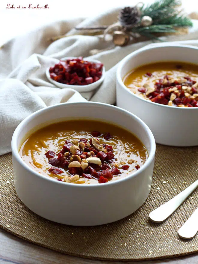 Velouté de patates douces & butternut velouté de butternut patates douces, Velouté butternut chorizo, Velouté sain sans crème, entrée festive pour noel