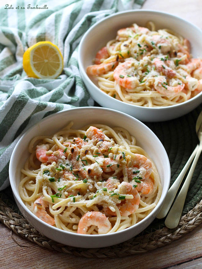Spaghettis aux crevettes & à l'ail Spaghettis crevettes et ail, pates crevettes ail et citron, linguine crevettes ail creme, recettes pates crevettes ail