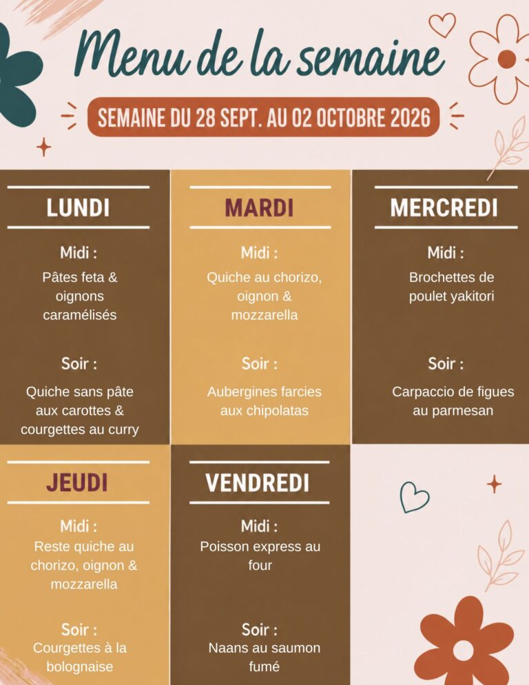 Menu de la semaine du 28 sept. au 02 octobre 2026,menu de la semaine du 28 septembre au 2 octobre,menu semaine septembre,idee recettes simples,idee repas,idee repas soir facile et rapide